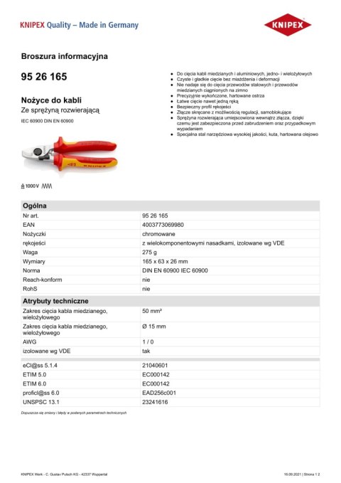 NOŻYCE DO KABLI ZE SPRĘŻYNĄ ROZWIERAJĄCĄ IZOLOWANE 165MM KNIPEX