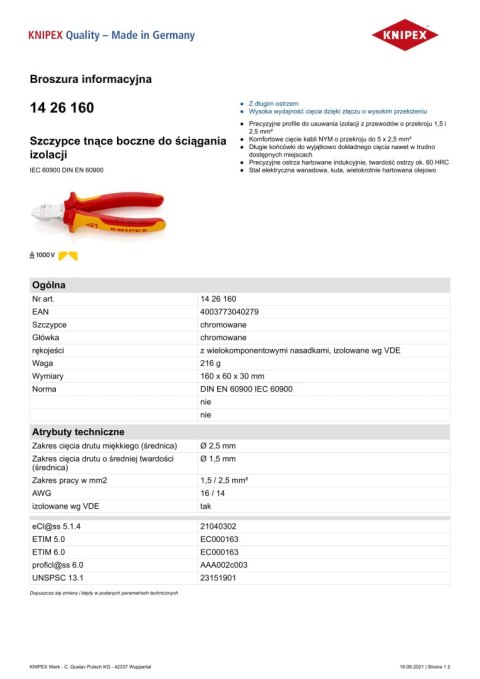 SZCZYPCE TNĄCE BOCZNE DO ŚCIĄGANIA IZOLACJI 160MM KNIPEX