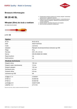 WKRĘTAK PŁASKI SLIM Z IZOLACJĄ 1000V 100MM 4 MM KNIPEX