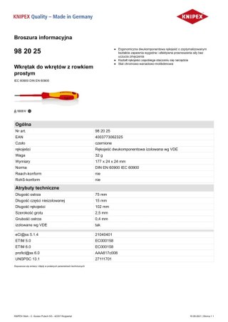 WKRĘTAK PŁASKI Z IZOLACJĄ 1000V 75MM 2.5 MM KNIPEX